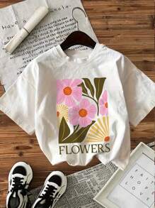 Nuovo completo estivo a tre pezzi, stile casual da strada, t-shirt oversize in cotone con scollo tondo e maniche corte, stampa floreale, top bianco