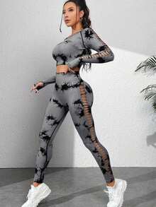 Deportivo de conjunto mujer de diseño aleatorio de estampado/sin costuras/con corte lateral - Gris Oscuro - Ver 1