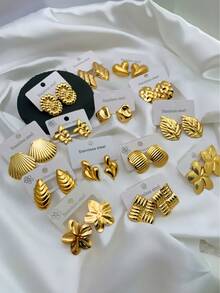 9pcs/Set Casual Style Earrings, Stainless Steel Cast Flower, Butterfly, Wing, Waterdrop, Shell And Other Geometric Shaped Earring Set. Minimalist And Fashionable Earrings Suitable For Women's Daily Wear Or Gift (Random Delivery) - Multicolor - View 2