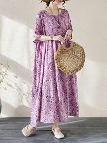 Topy, Letnia długa sukienka w kwiaty, Fioletowa sukienka, Czeska swobodna sukienka plażowa na wakacje, Damska sukienka w dużych rozmiarach, Letnia sukienka z okrągłym dekoltem i jednym rękawem 2025, Luźna duża plisowana sukienka, Losowy nadruk, Jedna sukienka