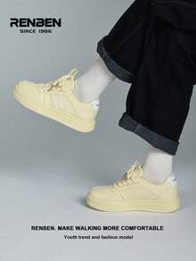 RENBEN 1 双休闲厚底系带帆布运动鞋，黄色厚底舒适女式低帮运动步行鞋，适合春夏季服装，2025 年时尚款式