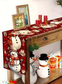 1 pieza Mantel de poliéster de Navidad con diseño de muñeco de nieve a cuadros rojos de 35*180cm/13.78*70.87 pulgadas, mantel para mesa de comedor, mesa de café, decoración textil festiva para reunión en el hogar, creando un ambiente navideño acogedor