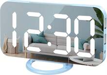 WulaWindy RGB Alarm Clock - Digital LED Clocks Mirror Surface With Dual USB Ports For Makeup Best Modern Decorations Aesthetic Home Bedroom Living Room Office And Wall Decor - White - Sky Blue - 查看 1