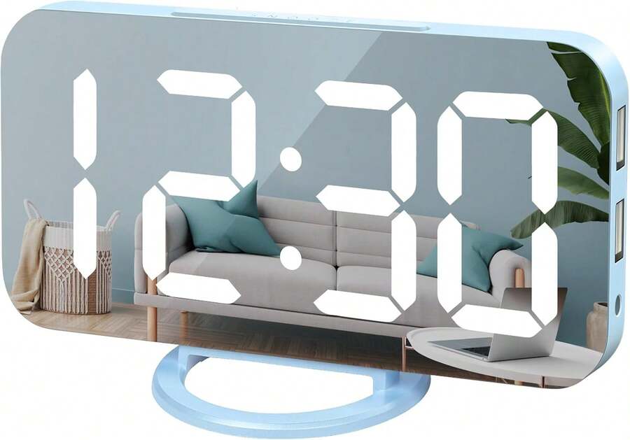 WulaWindy RGB Alarm Clock - Digital LED Clocks Mirror Surface With Dual USB Ports For Makeup Best Modern Decorations Aesthetic Home Bedroom Living Room Office And Wall Decor - White - Sky Blue - 查看 1