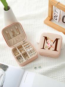 1pc Travel Jewelry Box,Monogram Gift Boxes,Bridesmaids Gifts Jewelry Case,Personalized Floral Jewelry Case,Travel Jewelry Box Wedding,Jewelry Box Necklace,Jewelry Box Earrings,Jewelry Box Mini,Travel Essentials Travel Accessories Travel Bag For Vacation Holiday Back To School School Stuff Jewellery Box Jewelry Organizer - Multicolor - View 3