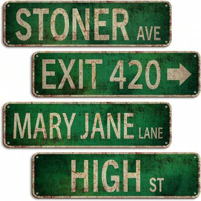 1pc PVC Non-Deformable Material Signage (Size: 4 Inches X 16 Inches / 10cm X 40cm), "4 Street Road Signs, Main Avenue/Exit 420/Mary Jane Lane/Commercial Street" Vintage Plaque Decor, Home Decor, Room Decor, Restaurant Decor, Bar Decor, Cafe Decor, Garage Decor, Wall Decor, Waterproof, Dustproof