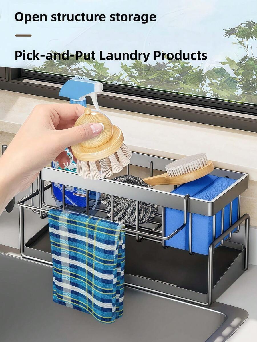 1 Piece Kitchen Sink Organizer With Towel Rack And Auto Drain Tray, Sponge Holder For Kitchen Sink, Kitchen Sink Organizer And Storage Rack, Rust-Proof Carbon Steel Kitchen Gadget Sink Accessories, Kitchen Organizer, Faucet Organizer, Stainless Steel Organizer! Rust-Resistant Stainless Steel Sink Organizer, Freestanding Groove Sponge Mop Cloth Dishrag Holder, Space-Saving No Drill Kitchen Storage Rack - Easy Clean Sink Sink Drain Storage Rack - Multicolor - View 1