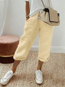 大码女式纯色抽绳弹力腰褶皱面料卡其色直筒七分裤，春夏百搭，适合度假、日常穿着和居家穿着。 - 卡其色 - 查看 1