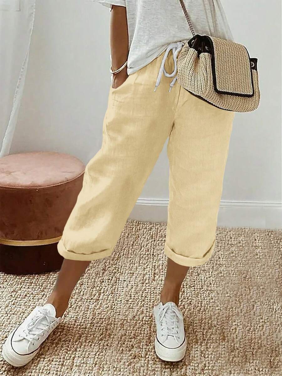 大码女式纯色抽绳弹力腰褶皱面料卡其色直筒七分裤，春夏百搭，适合度假、日常穿着和居家穿着。 - 卡其色 - 查看 1