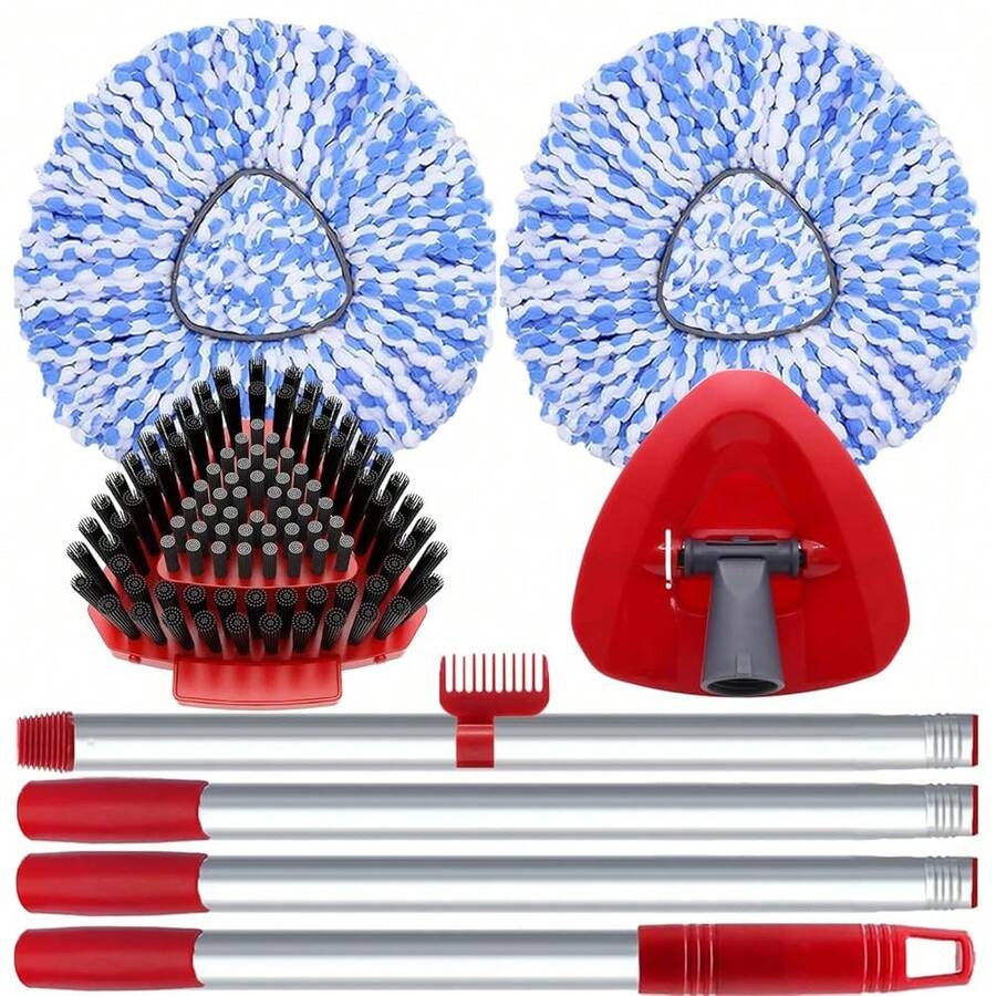 2 Pa Spin Mop Heads Replacement Compatible With O Cedar Rinseclean 2 Tank, Upgraded Scrub Brush,4 Section Mop Handle And 1 Base - 彩色 - 查看 1