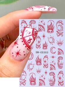 2 件时尚美甲贴纸带红线星月贴花自粘 3D 几何贴纸适用于亚克力指甲用品美甲装饰 DIY 配饰适合女士女孩 - 紅色 - 查看 2