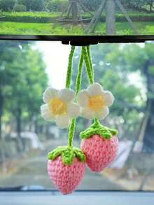 1 pieza Lindo adorno colgante de fresa de ganchillo para decorar el espejo retrovisor del coche, accesorio colgante con charmes para espejo de coche, colgante de fruta hecho a mano para regalo - ganchillo hecho a mano, adorno hecho a mano para llavero o bolso - Multicolor - Ver 11