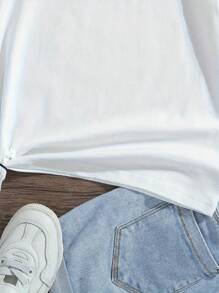 Girls' Soft And Stretchy Round Neck Short Sleeve T-Shirt, Creative Pink Bow Print, Summer Tops