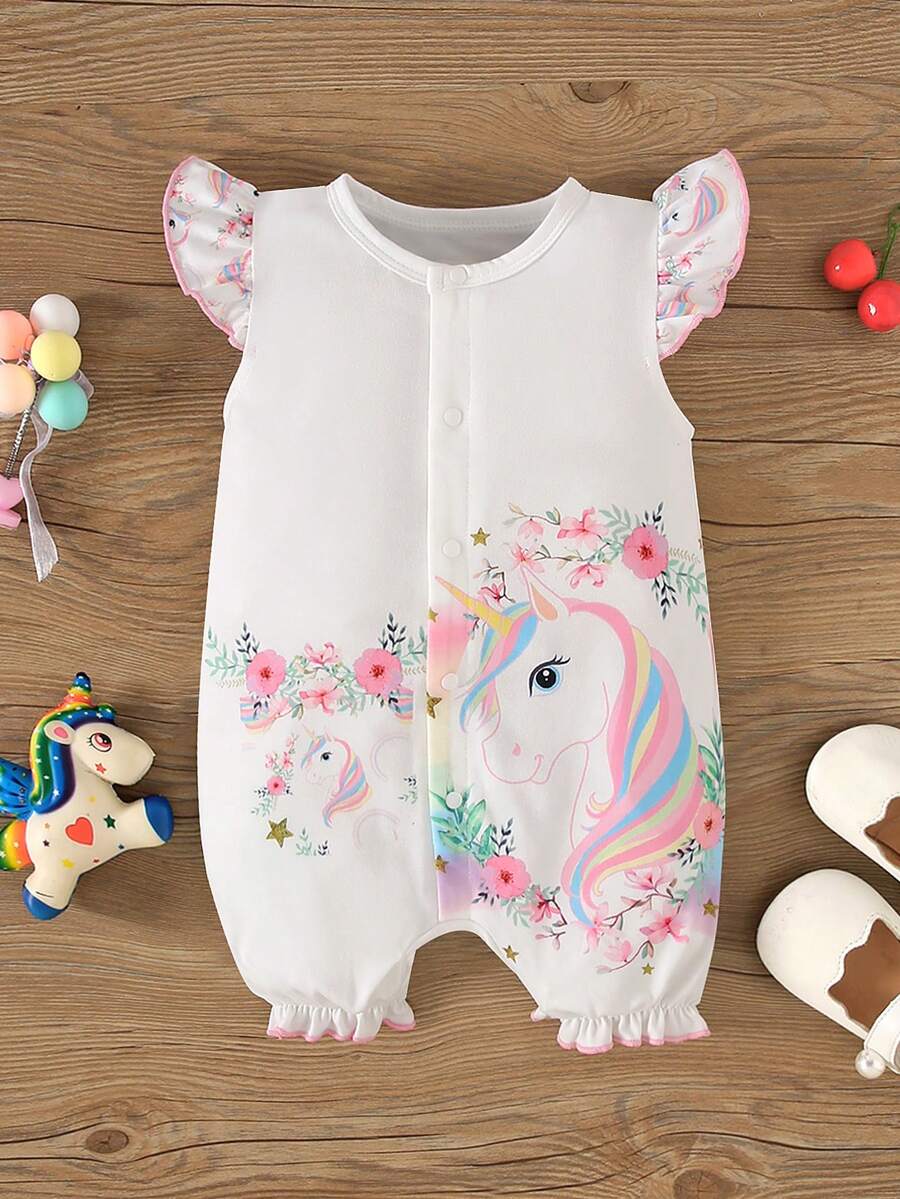 休闲女婴白色长颈鹿印花连体衣，夏季