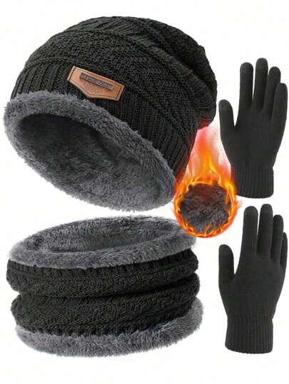 Winter Knit Beanie Hat Neck Warmer Scarf And Touch Screen Gloves Thermal Lined Skull Cap For Men Outdoor Fall Outfit