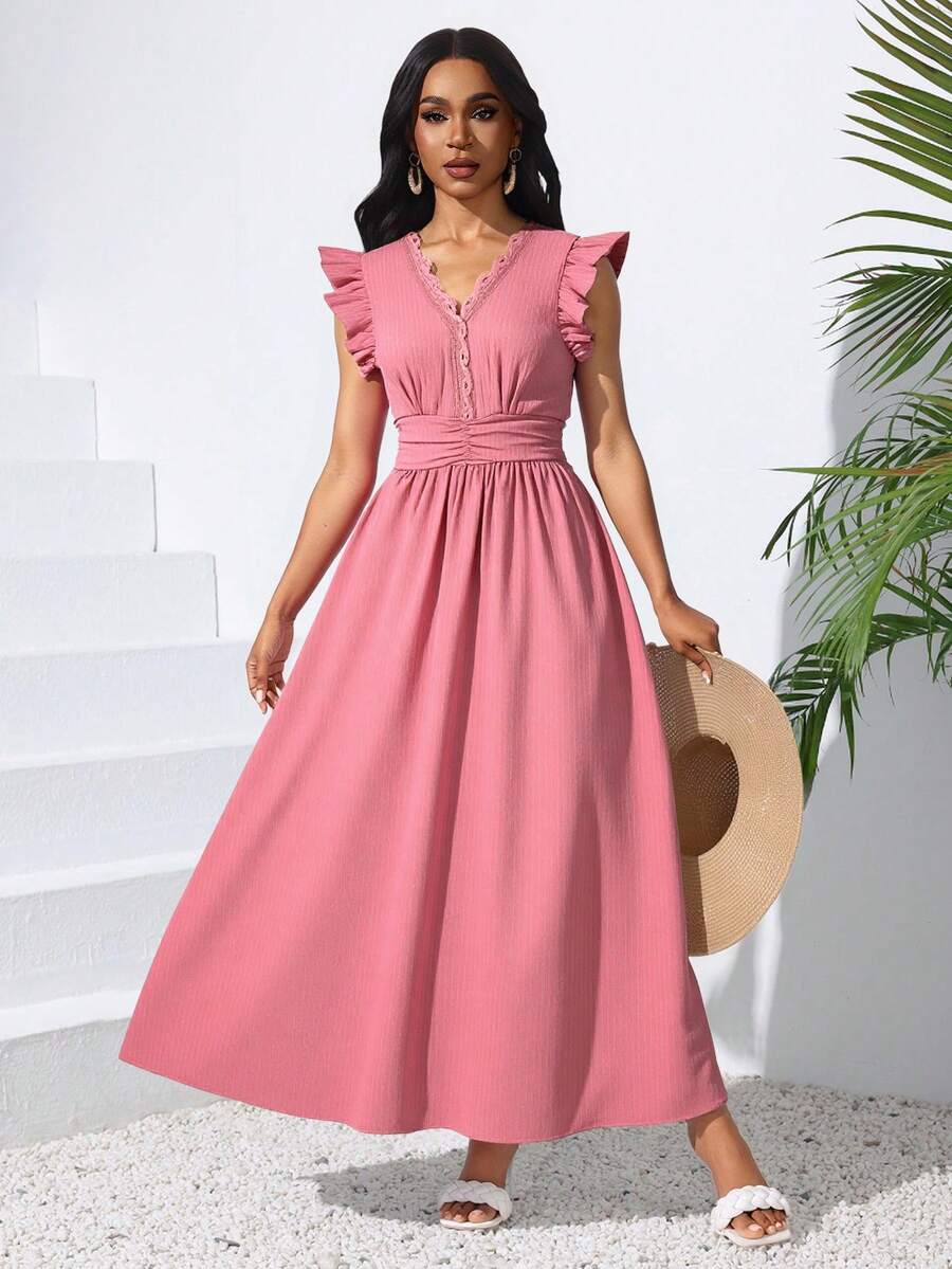 Elegante Vestido Largo Para Mujer De Color Sólido,Vestido Manga Con Volante,Vestido Cuello En V, Vestido Con Cintura Plisada De Verano - Rosa - Ver 1