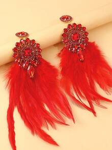 1 对几何红水晶和红色羽毛装饰超大吊坠耳环，个性化夸张耳环，适合表演和宴会 - 金色 - 查看 4