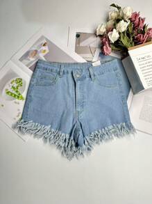 Spring And Summer Women's Denim Shorts Mid-Waist Slim Hot Girl Outer Wear Design Tassel Raw Edge A-Line Hot Pants