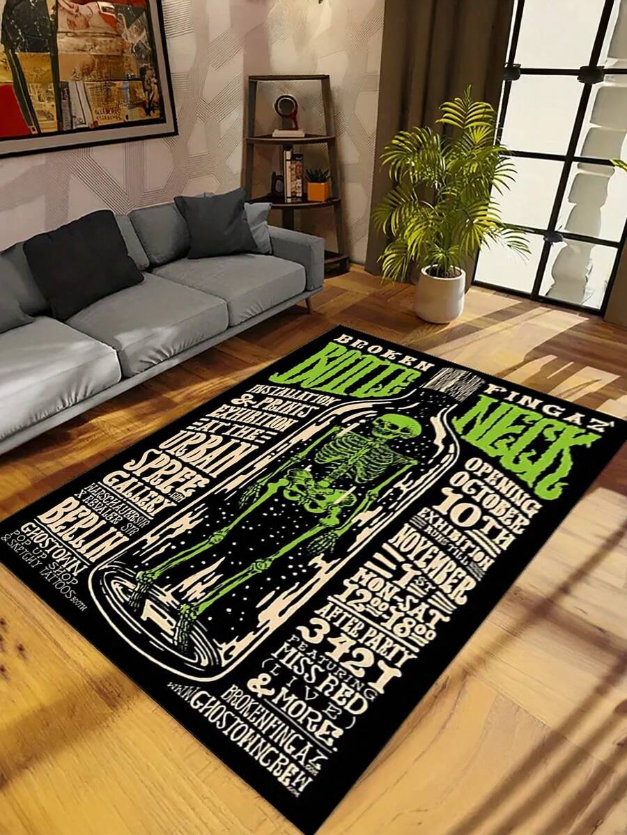 سجادة مساحة مطبوعة بزجاجة الطب والجمجمة العتيقة - سجادة كبيرة من البوليستر، مناسبة لغرفة المعيشة وغرفة النوم والديكور المنزلي - باللون الأسود مع تصميم جرافيك أخضر وأبيض - مثالية لحفلات هالوين أو الموضوعات، سجادة المدخل، ديكور غرفة غوثي، سهلة التنظيف؛ ديكور غرفة أنيق وسجاد ديكور منزلي جميل في الإقامات المنزلية