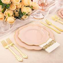 Local Delivery 150 PCS Rose Gold Plastic Plates And Rose Gold Silverware Set - 30 Dinner Plates, 30 Salad Plates, 90 Disposable Rose Gold Utensils For Weddings, Parties, Showers - 粉色 - 查看 5