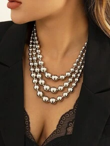 1pc Women's Exaggerated Multi-Layer Geometric Beaded Necklace, Choker Necklace - Silver - View 1