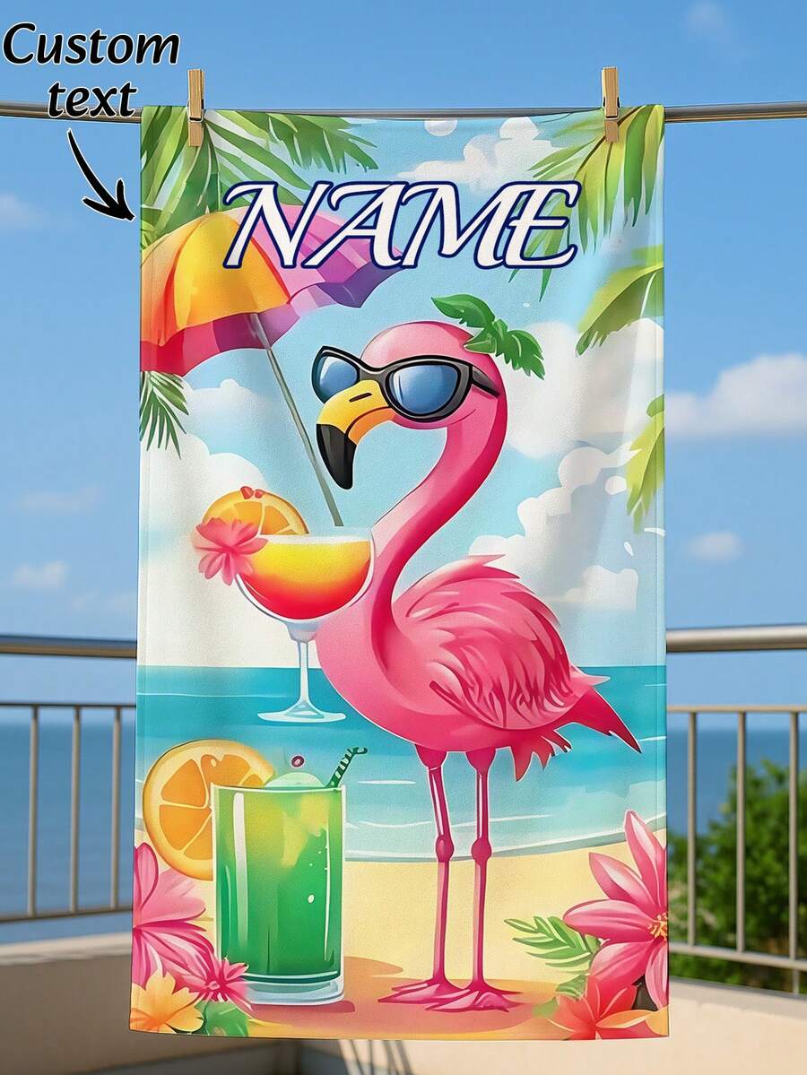 1pc Personalized Name Flamingo Hawaii Beach Towel - Super Absorbent Quick-Dry Microfiber, Anti-Sand, Vibrant Tropical Print With Flamingo & Palm Trees, Perfect For Pool, Beach, Camping, Surfing, Personalized Beach Towel, Poolside Accessory, Summer Style, Microfiber Quality, Absorbent Fabric, Surfing Gear, Hawaiiinspired Design, Antisand Material, Vacation Essentials