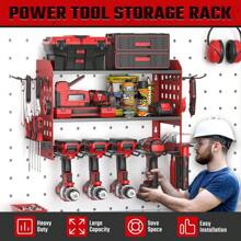 Power Tool Organizer, Drill Older  Mount With 2 Side Pegs With Ooks, 3 Layer Garage Organization Eavy Duty Tool Organizers Utility Rack For 4Drill Olders Red