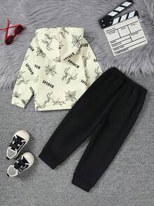 2pcs/Set Young Boys Spider Web All-Over Print Long Sleeve Hooded Sweatshirt And Straight Leg Pants Set, Autumn/Winter - White - View 2