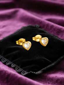 1 Set Fashionable Minimalist Niche Rhinestone Transparent Heart Pendant Necklace & Earrings Stainless Steel Gold-Plated Jewelry Set - Necklace + Earrings - View 7