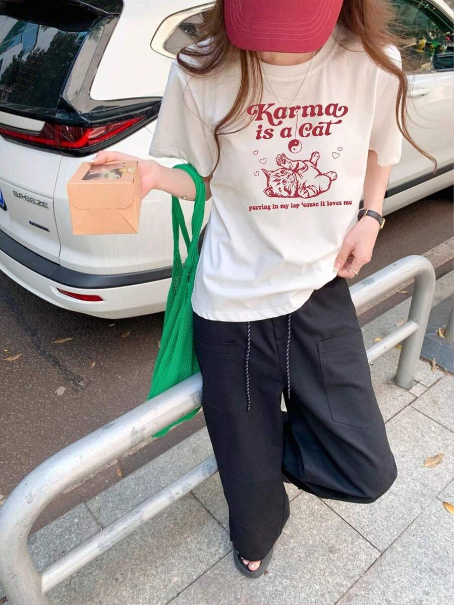 100% Cotton Ladies Short Sleeve T-Shirt, Stylish, Loose, Casual Crew Neck Top - 白色 - 查看 1