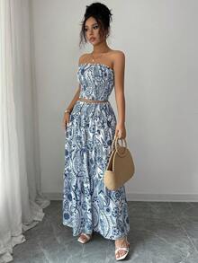 女士全印花无肩带休闲优雅沙滩婚礼两件套（上衣和裙子）夏季 - 藍色 - 查看 5