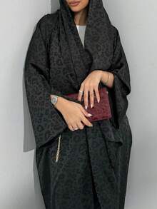 1pc Fashion Simple Metallic Black Leopard Print Solid Color Robe Abaya Cardigan Gown, Elegant For Daily Wear And Festivals, Modest Kaftan