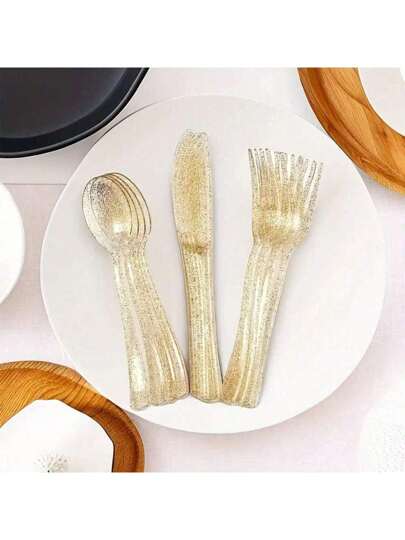 50 pezzi set di posate da festa (cucchiaio/forchetta/coltello) con coriandoli dorati, riutilizzabili e lavabili, adatti per feste, gite, raduni familiari, matrimoni, festival, torte e insalate