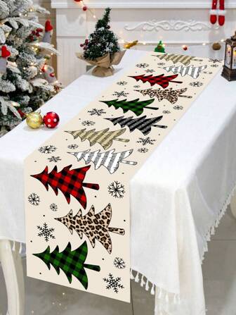 1pc 35*180cm/13.78*70.87inch Christmas Polyester Tablecloth, Christmas Tree & Snowflake Decor Fabric, Simple Cream Background Nordic Style Home Holiday Dining Table Decor, Suitable For Christmas Party, Dinner, Event