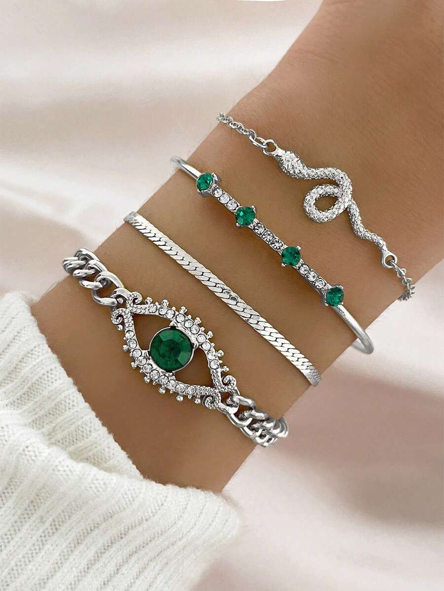 4pcs Vintage Rhinestone Snake Wrap Bracelet, Creative Open Rhinestone Imitation Gemstone Bracelet & Bangle Set For Women - Silver - View 1