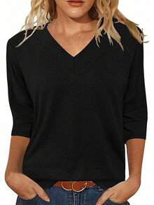 3 chiếc áo phông rộng rãi cổ chữ V tay 3/4 màu trơn, dành cho nữ mùa xuân/thu - Đen + Xanh Dương + Hồng - Xem 5
