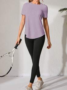 Áo tập yoga Jacquard thể dục & khiêu vũ chuyên nghiệp cho nữ, Áo tập gym hở lưng, Áo tập luyện tay ngắn hở lưng màu trắng mới cho mùa hè dành cho bài tập Pilates - Bụi tím - Xem 6