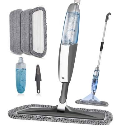 Spraymopp för trägolv - Ultra Microfiber torrmopp med 1/3 Ultra Microfiber tvättbar moppdyna, sprayflaska ingår, lämplig för kommersiellt och hemmabruk på trä-, laminat- och kakelgolv