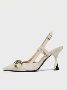 女士复古花卉图案链条装饰尖头闭趾后跟带粗跟高跟鞋，优雅舒适，适合日常户外、通勤、派对、节日穿着，春夏秋冬米色鞋跟，优雅 - 米色 - 查看 7