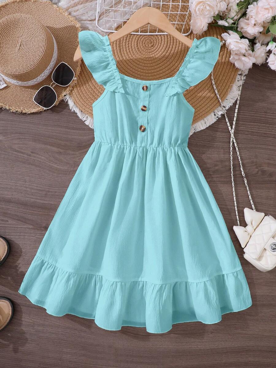 Tween Girls White Ruffle Edge Splice Elegant Dress, Spring/Summer - Green - View 1
