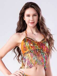 Costume da ballo del ventre con frange e paillettes, costume da cantante con schiena scoperta adatto per discoteca e bar