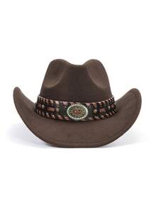 1 pieza Sombrero de vaquero occidental de poliéster bohemio con remaches, versátil para todas las estaciones y para ir y venir - Sombrero con forma de lágrima - Ver 12