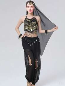 Women's Style Sparkling Belly Dance Three Pieces Set: Sequined Top + Lantern Pants + Headscarf Set For Halloween Carnival Party Stage Performance Costume