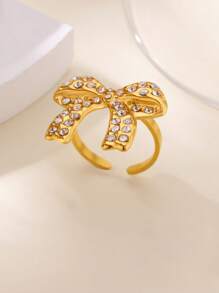 1 pieza Anillo de lazo fino para mujer, anillo de lazo con diamante de circonita cúbica, anillo abierto de acero inoxidable, joyería de moda para damas, regalo para ella, regalo de cumpleaños