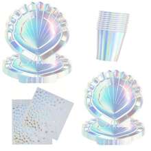 10 Pcs Mermaid Shell Holographic Theme Disposable Tableware Set With 9/7 Inch Plates 9oz Cups Napkins Iridescent Shell Shape Disposable Party Plates Birthday Plates For Birthday Parties Summer Beach Events - Multicolor - View 3