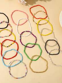 1set/20 Pcs Random Color Bohemian Summer Beach White Black Red Yellow Green Pink Coffee Rice Beads String Anklet Vacation Style - Dyed Products With Slight Errors In Different Batches