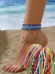 1set/20 Pcs Random Color Bohemian Summer Beach White Black Red Yellow Green Pink Coffee Rice Beads String Anklet Vacation Style - Dyed Products With Slight Errors In Different Batches