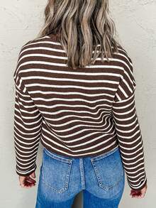 Acelitt Women's Brown Striped Print Ribbed Crew Neck Long Sleeve All-Match T-Shirt, Versatile For Autumn/Winter - Brown - View 2