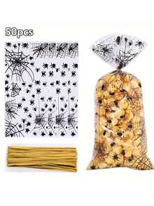50pcs Halloween Opp Flat Pocket Small Food Packaging Bag Transparent Black Spider Bag Candy Biscuit Packaging Bag.