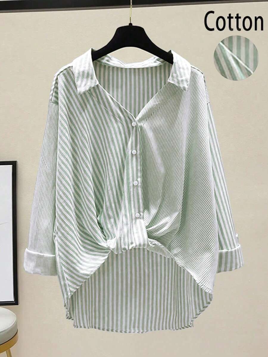 Camisa feminina casual de férias listrada patchwork de algodão bainha dobrada punho frontal costas curtas estilo longo manga comprida, primavera/verão - Verde - Ver 1